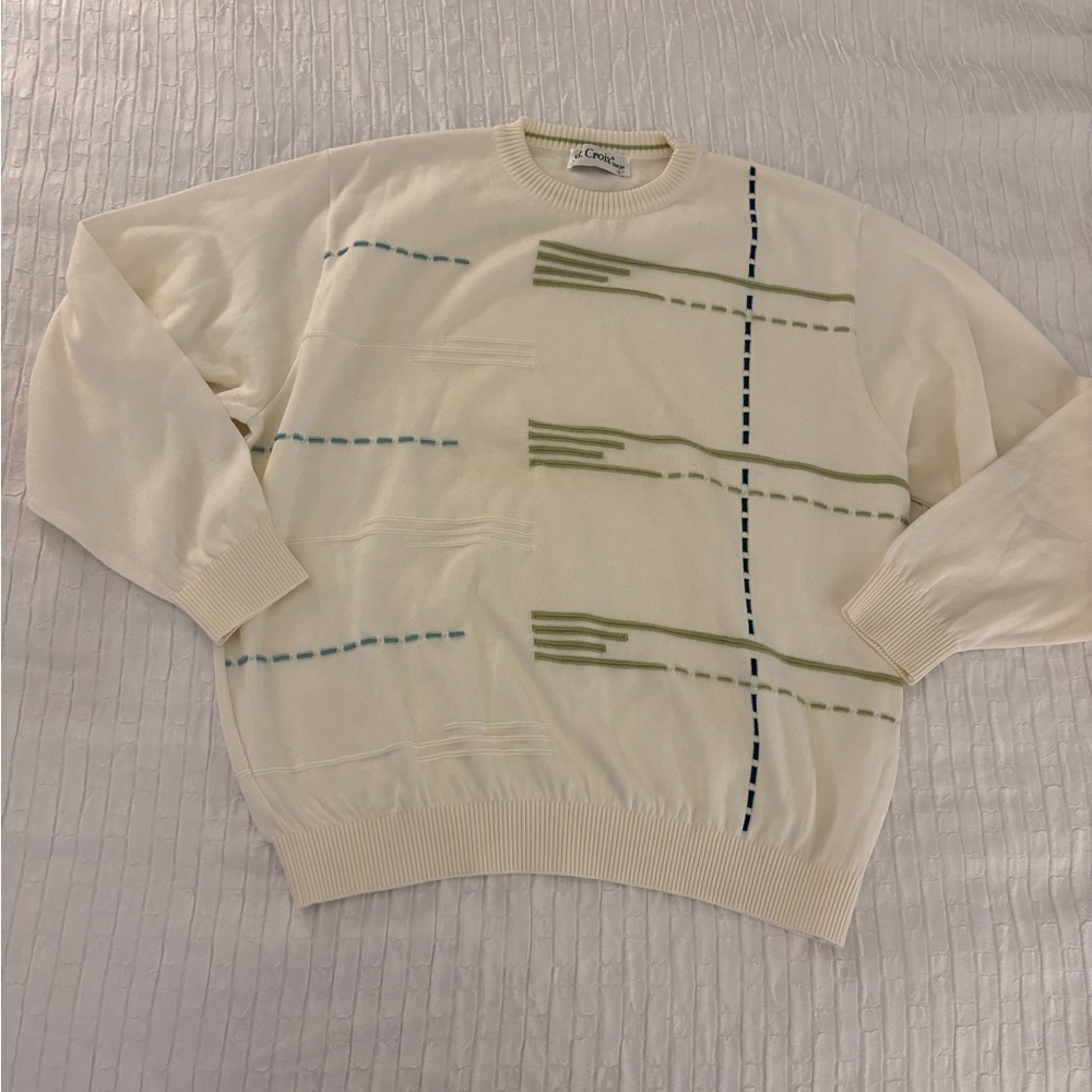 St Croix Shop Off White Sweater with Green and Blue Accents